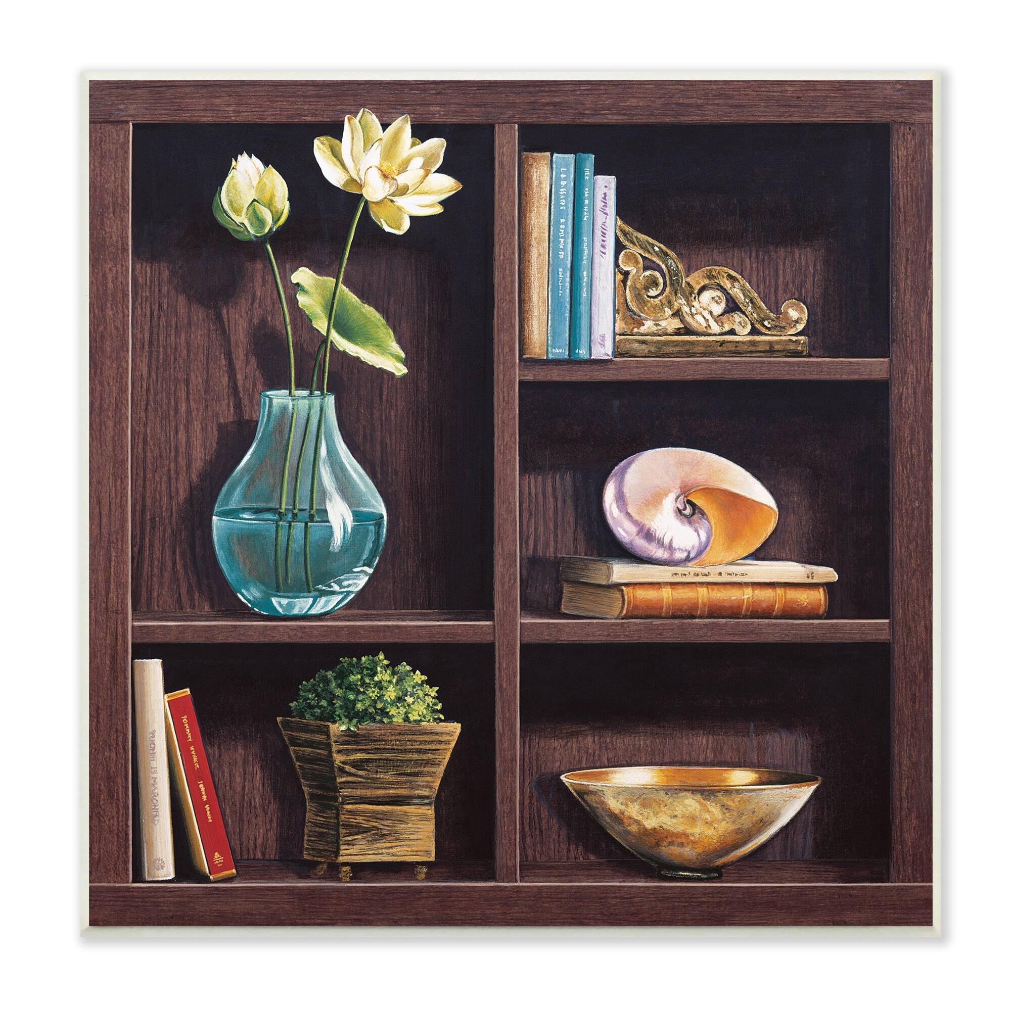 Stupell Industries Elegant Bookshelf Still-Life with Lotus Floral Vase, 12" x 12"